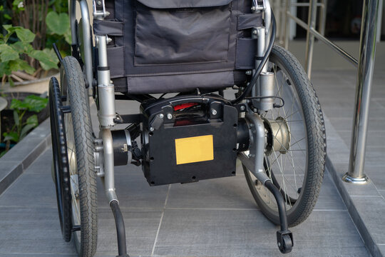 Battery power electric wheelchair increased mobility for disability or elderly patient.