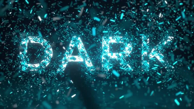 The scene depicts the word dark formed by particles with a liquid appearance. The blue hues and striking texture create a visually captivating effect that highlights each letter's shape.