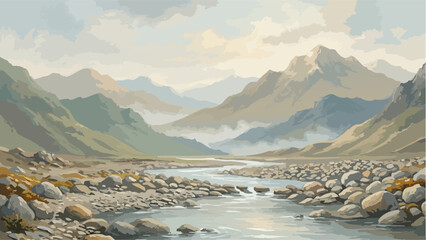 Mountain River Valley Landscape Scenic Nature Illustration © AnwarHosan