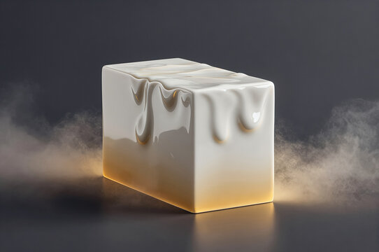 Cube with viscous liquid coating drips down smooth white sides in a dark studio setting under warm low-angle glow. Glossy surface reflects soft amber illumination from below.