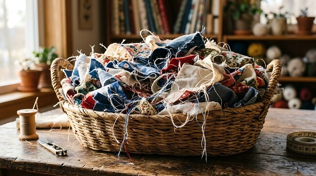 Wicker Basket Filled with Colorful Fabric Scraps and Threads on a Wooden Table.