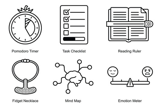 Productivity and Emotional Support Neurodiversity Icons with Pomodoro Timer, Task Checklist, Mind Map and Emotion Meter