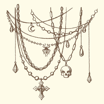 Hand drawn gothic jewelry illustration featuring hanging chains with cross skull spider moon and crystal pendants necklaces mystical religion arachnid crescent gemstone pendants decorative