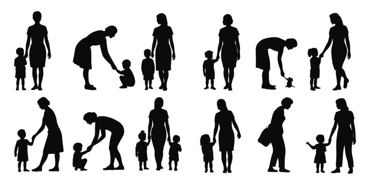 Set of Black Silhouettes of Mothers and Children in various poses for family bonding, care and parental love concept illustration.