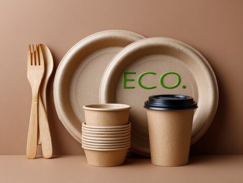 Eco friendly biodegradable disposable tableware set with wooden cutlery and paper cups.