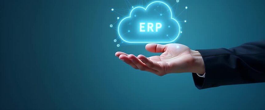 Hand holding holographic customization icon illustrating ERP software customization in cloud based setup minimal background concept as A hand presents holographic customization icon symbolizing ERP so