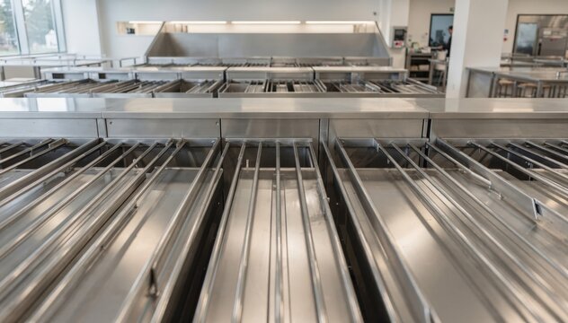 Open layout of a cafeteria tray return with visible tray rails leading to a wide dish drop area waste zones softly out of focus to emphasize space.