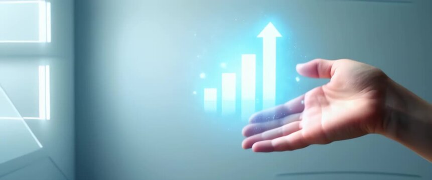 Hand presenting holographic reflection symbol representing growth mindset development reflection in empty space background concept as A hand showcases holographic reflection symbol illustrating growth