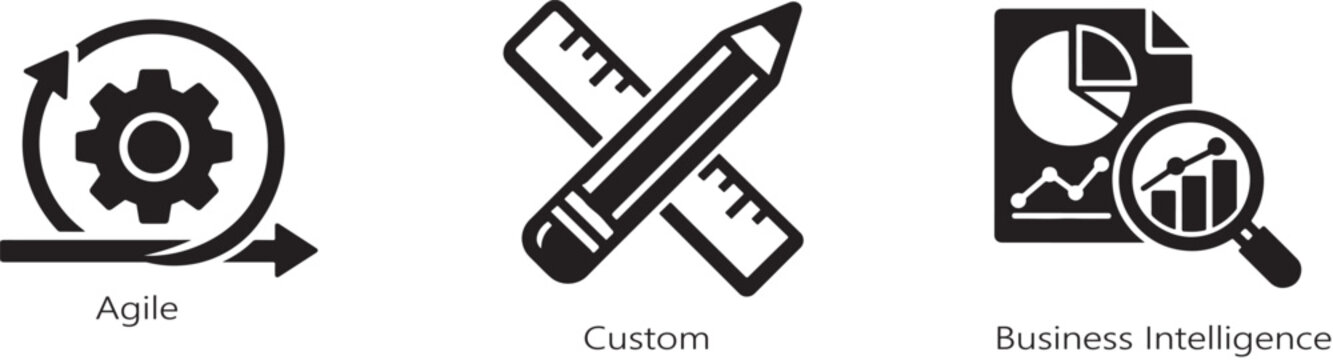Agile development, custom solutions, and business intelligence editable stroke icon set.