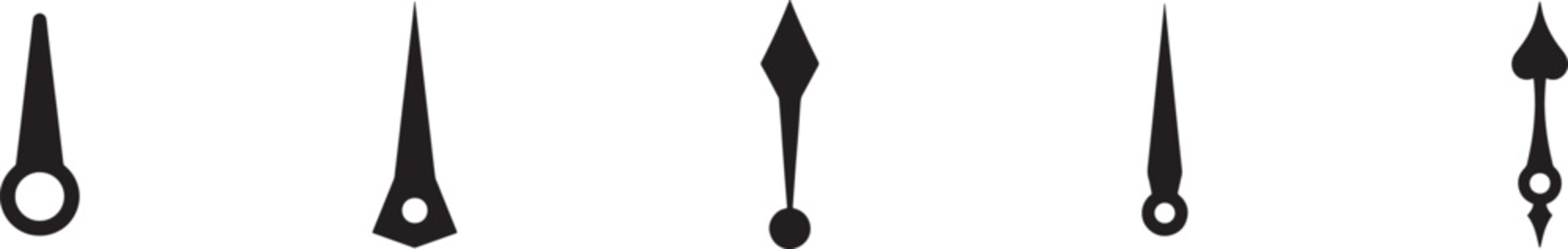 Minimalist black clock hands vector icon set for time, measurement, and design projects.