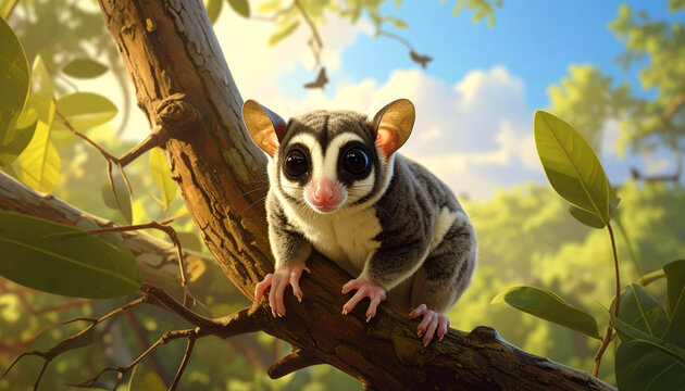 
A cute baby squirrel monkey with soft fur sits on a green branch in the tropical jungle forest, looking forward with a beautiful portrait face