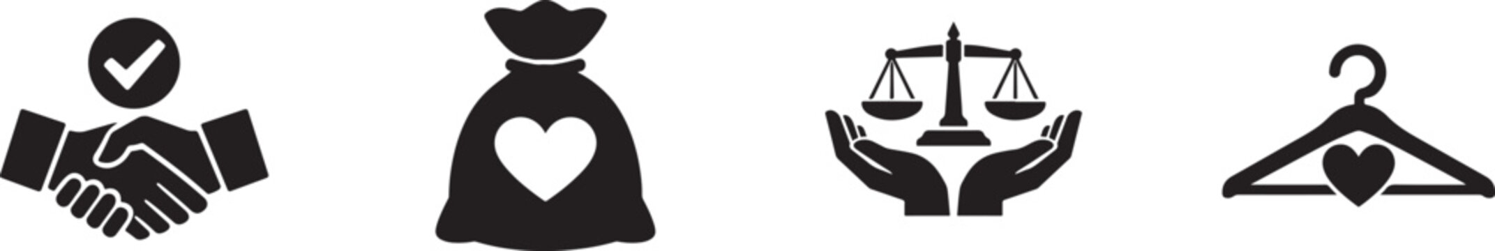 Ethical and fair trade practice icon set for direct trade, fair pay, charity, and wear.