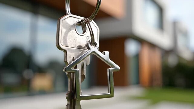 Close-up of a house-shaped key charm on a keychain hanging in front of a blurred modern building