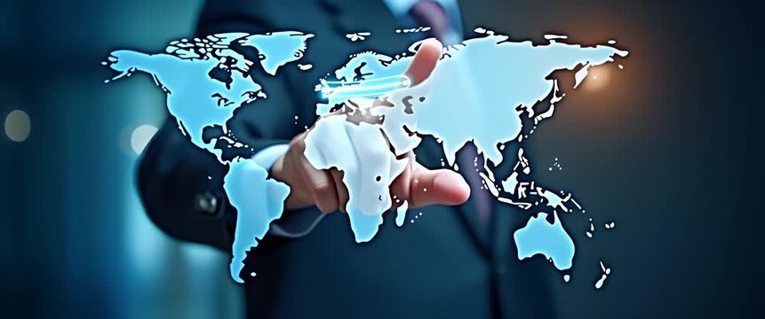 Hand exploring holographic international map showcasing family trip abroad with empty space background concept as A hand navigating holographic international map highlighting global family trip opport