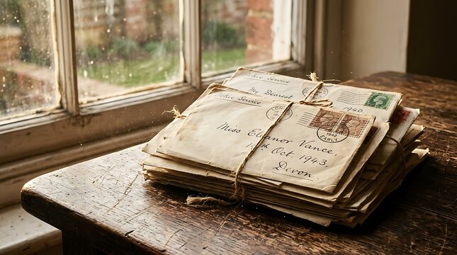Stack of vintage letters tied with string on an old wooden windowsill.