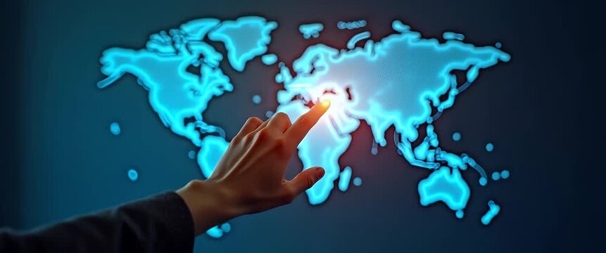Hand exploring holographic international map showcasing family trip abroad with empty space background concept as A hand navigating holographic international map highlighting global family trip opport