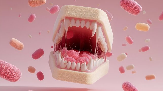 A surreal depiction of an exaggerated mouth filled with various colorful pills, representing the intersection of health, medicine, and society.