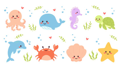 Fototapeta premium Cute sea animals and underwater elements set vector illustration.