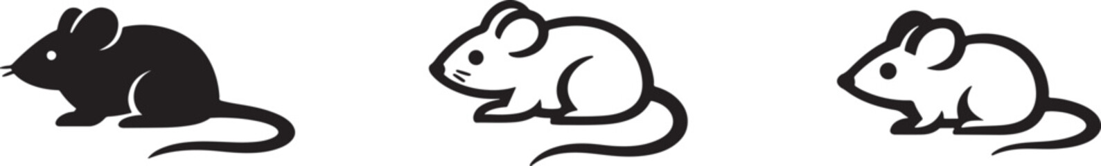 Black line art mice and small rodent icon set with simple animal illustrations on white.