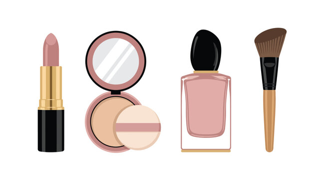 A collection of essential beauty products including lipstick, compact powder, nail polish, and a makeup brush.