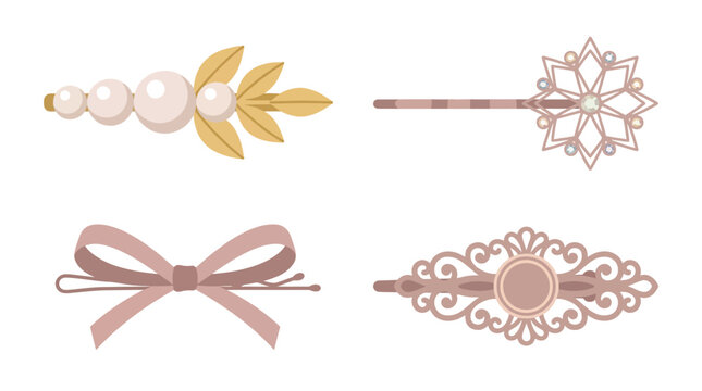 Collection of elegant hair accessories including pearl barrettes, decorative bobby pins, and a delicate bow clip, perfect for styling and adornment.