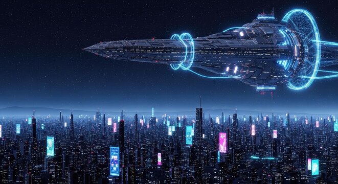 A sprawling neon cyber city glows beneath a massive galactic mothership hub, showcasing advanced architecture in a starry deep space void, mothership, energy, virtual