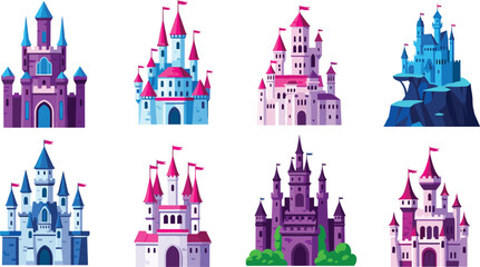 Colorful fairytale castle vector set with towers, flags, and magical princess palace designs for fantasy illustration © Prodip