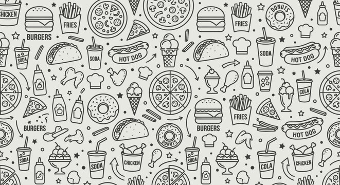 Seamless pattern of popular hand-drawn fast food items in monochrome style. Ideal for culinary branding and menu design