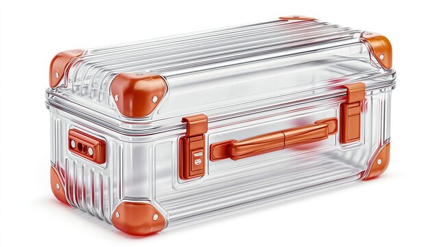 Transparent hard-shell suitcase with orange accents and a sturdy handle, designed for travel and storage, showcasing a modern and stylish appearance