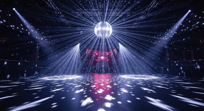 A vibrant nightclub interior features a wide dance floor glowing under dynamic colorful spotlights and a shimmering overhead mirror ball, brilliance, disco, glowing