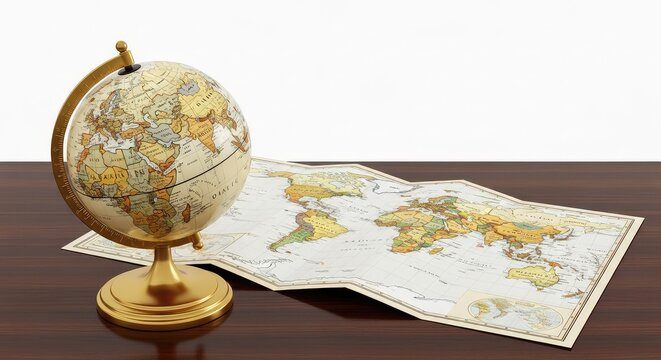 A vintage desk globe stands beside an unfolded paper world map, featuring golden details and sepia tones on a dark polished wooden table, oceans, old, borderless