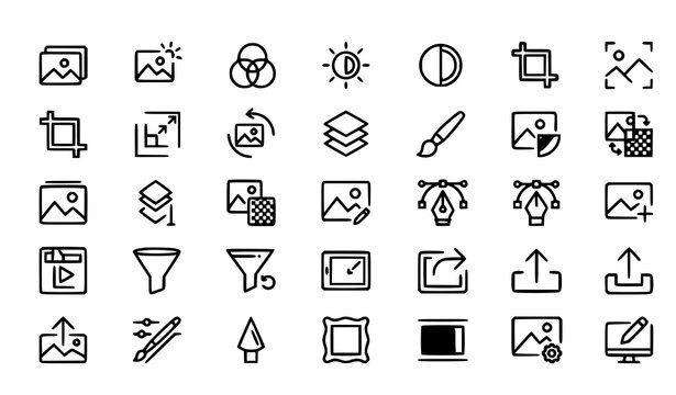 Editable Image Editing and Photo Adjustment Line Icons Vector Pack with Creative Design Tools