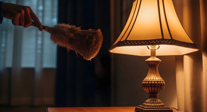 Hand using a duster to clean a vintage lamp in a dimly lit room