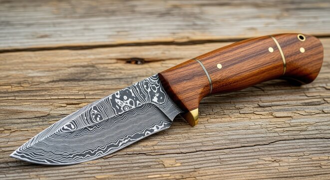 An artisan forged hunting knife with a patterned damascus steel blade and polished walnut handle rests upon a rustic weathered wood table, edge, surface, wood