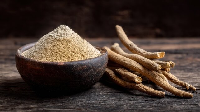 Benefits of Ashwagandha. A wooden bowl filled with ashwagandha powder next to dried ashwagandha roots on a wooden surface.