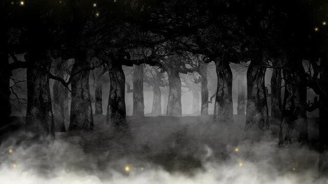 Spooky dark forest background with thick fog and glowing fireflies, scary mystical woods animation loop for halloween