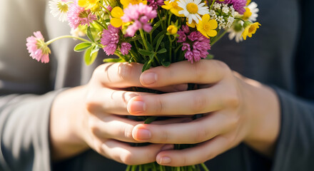 Fototapeta premium A gentle pair of hands tenderly holds a vibrant bouquet of wildflowers, bathed in the soft light of dawn, evoking warmth and a sense of delicate beauty.