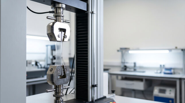 Universal Testing Machine Performing Tensile Strength Test on Plastic Film in a Modern Research Laboratory