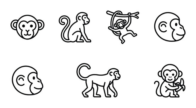 Cute Monkey Icons Set, Simple Line Art Animal Graphics, Playful Primate Vector Illustrations