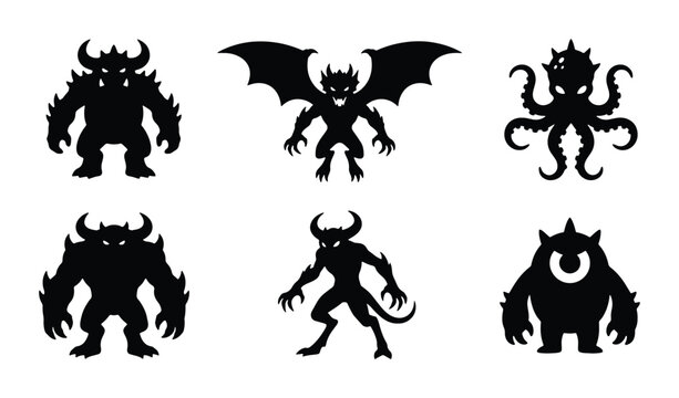 Monsters Silhouettes Collection, Spooky Creatures Vector Pack, Halloween Characters Set