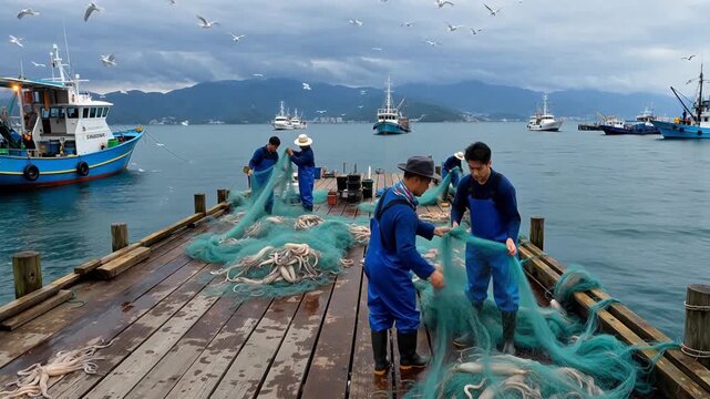 漁師たちが桟橋で水揚げした魚を仕分けしている様子は,環境に優しいキャンペーンや旅行Vlogに最適だ。
