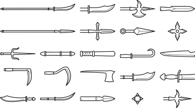 A collection of stylized black and white line art illustrations depicting a variety of historical and fantasy weaponry, including swords, daggers, spears, axes, and throwing stars.