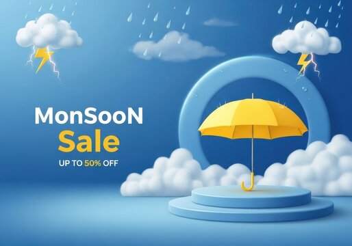 Monsoon sale banner with yellow umbrella on a blue podium with clouds and lightning
