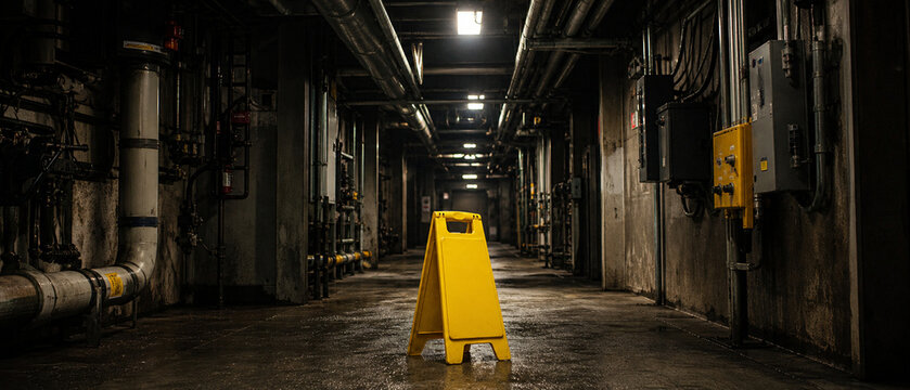 Blank Yellow A-Frame Caution Sign in a Dark Industrial Hallway &mdash; Safety Warning Concept