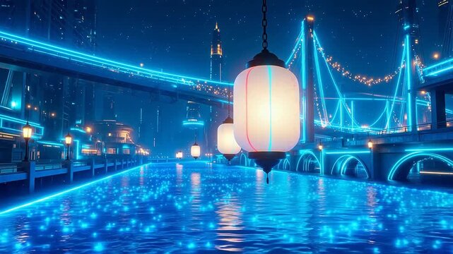 光り輝く水とランタンが配された未来的な都市景観は,クリエイティブな背景やモダンなウェブデザインに最適です。