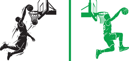 Basketball player slam dunk vector illustration silhouette with hoop and ball for sports branding and athletic design © reza