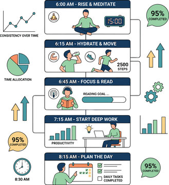 Structured morning productivity routine vector illustration with meditation exercise deep work and daily planning performance system