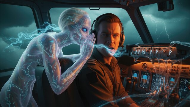 Alien ghost whispering to pilot in airplane cockpit. Ethereal extraterrestrial presence haunting man in flight. Science fiction concept of otherworldly encounter and paranormal mystery.