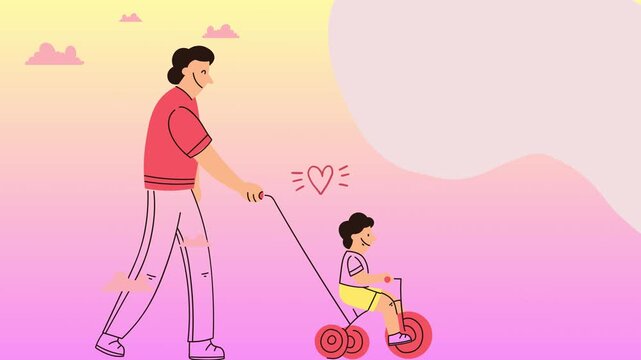 Happy Father's Day animation video. A father pushes a child on a tricycle in a colorful sunny landscape