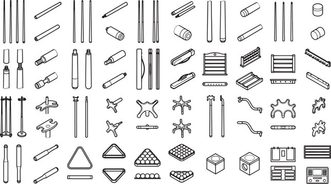 A collection of line art illustrations depicts various components and accessories for billiard and pool games, showcasing cues, racks, and table parts.